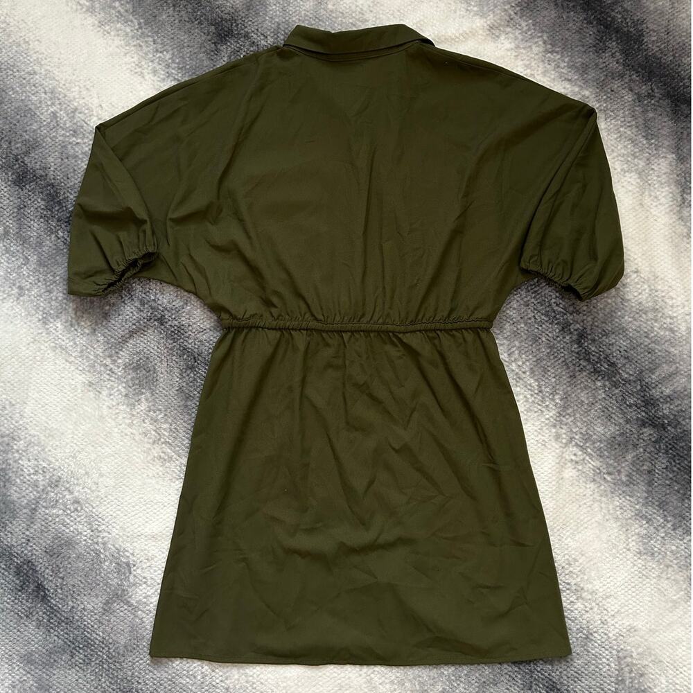 Bishop + Young Safari Olive Green Puff Sleeve Button Up Midi Dress - Small NWT - Picture 6 of 12